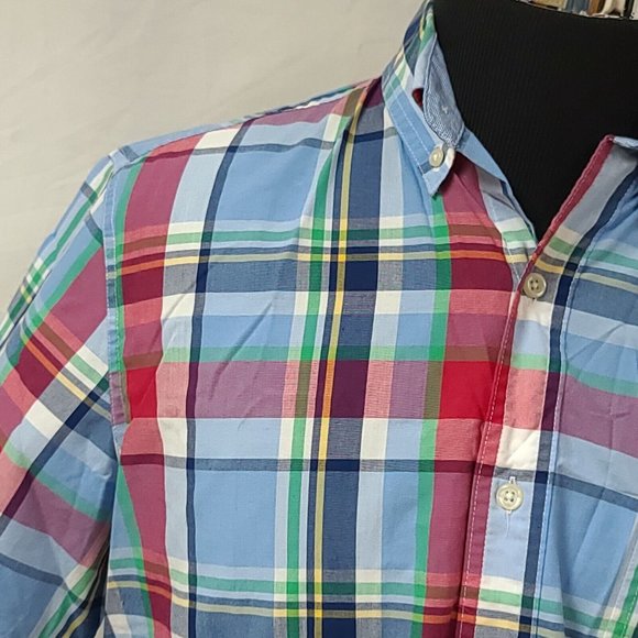 Chaps Easy Care Mens Large blue Plaid Short Sleeve Button Up Shirt - Picture 10 of 12